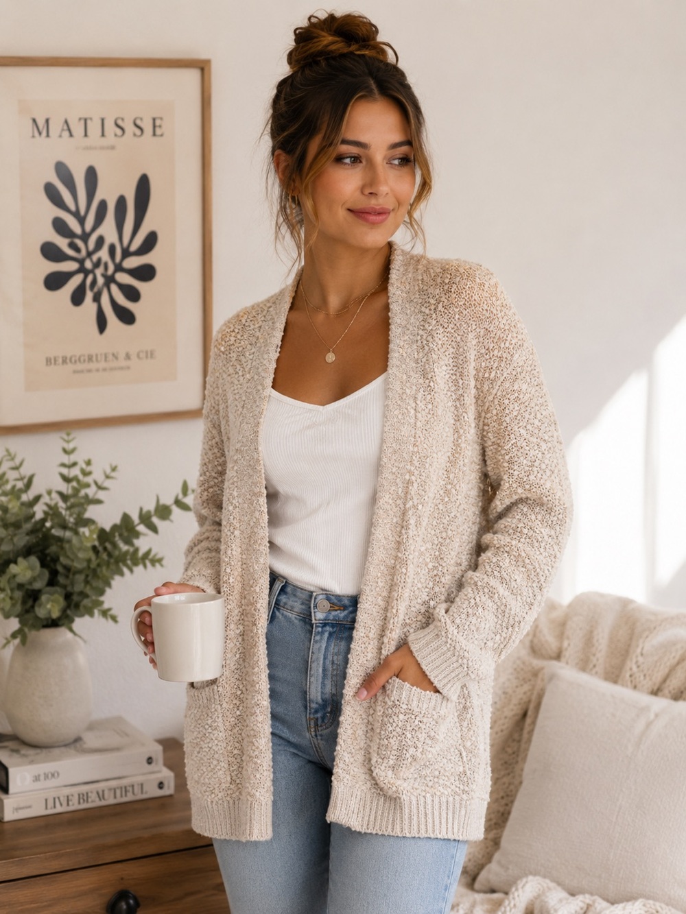 Ten Sixty Sherman Popcorn Knit Open Front Long Cardigan Small Clean Girl NEW